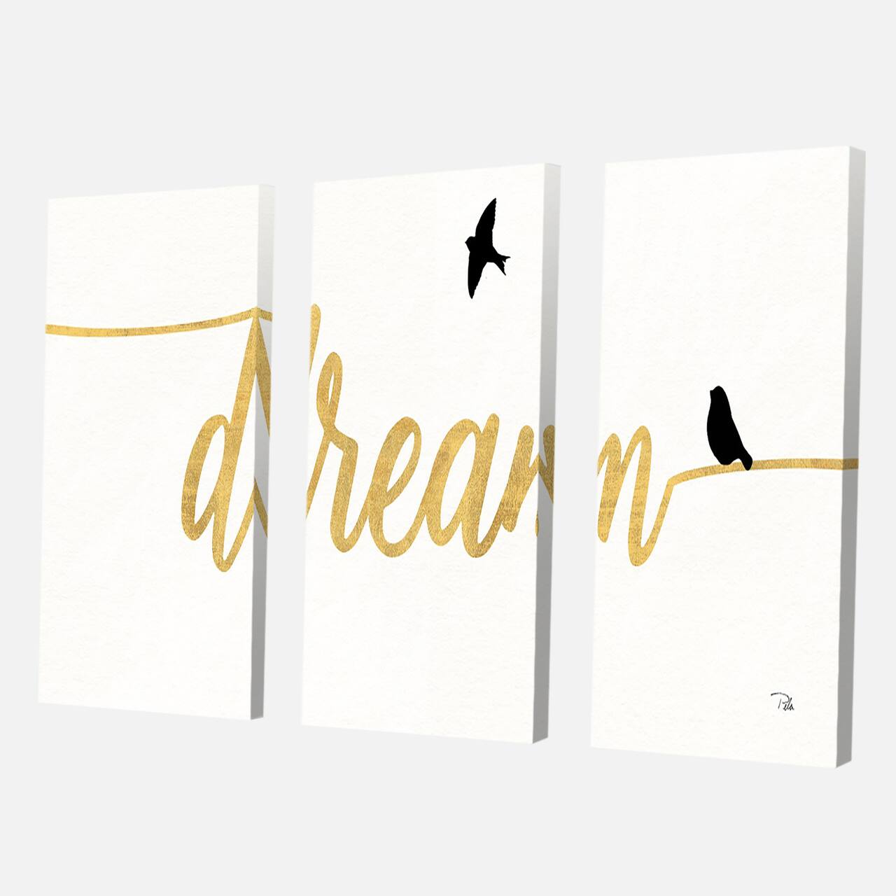 Designart - Family of Birds on Gold Words II - Cottage Canvas Artwork